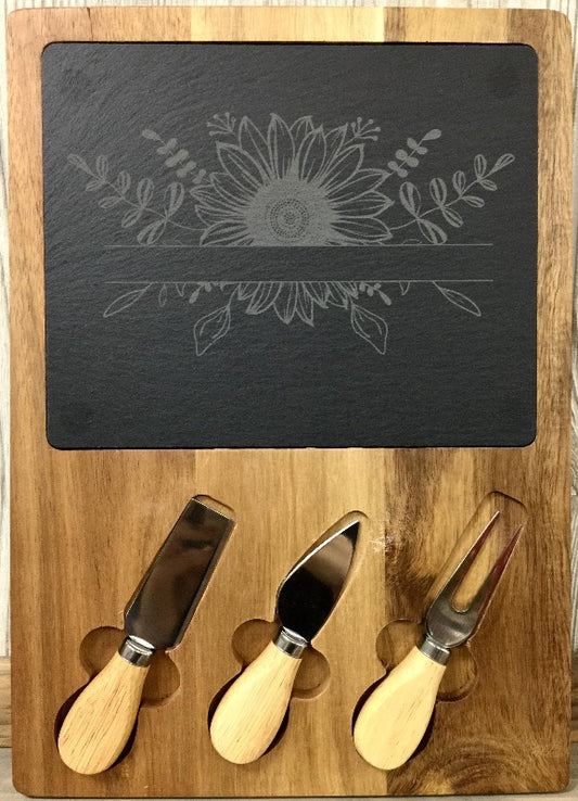 Acadia Wood/Slate Rectangle Cheese Set with 3 Tools